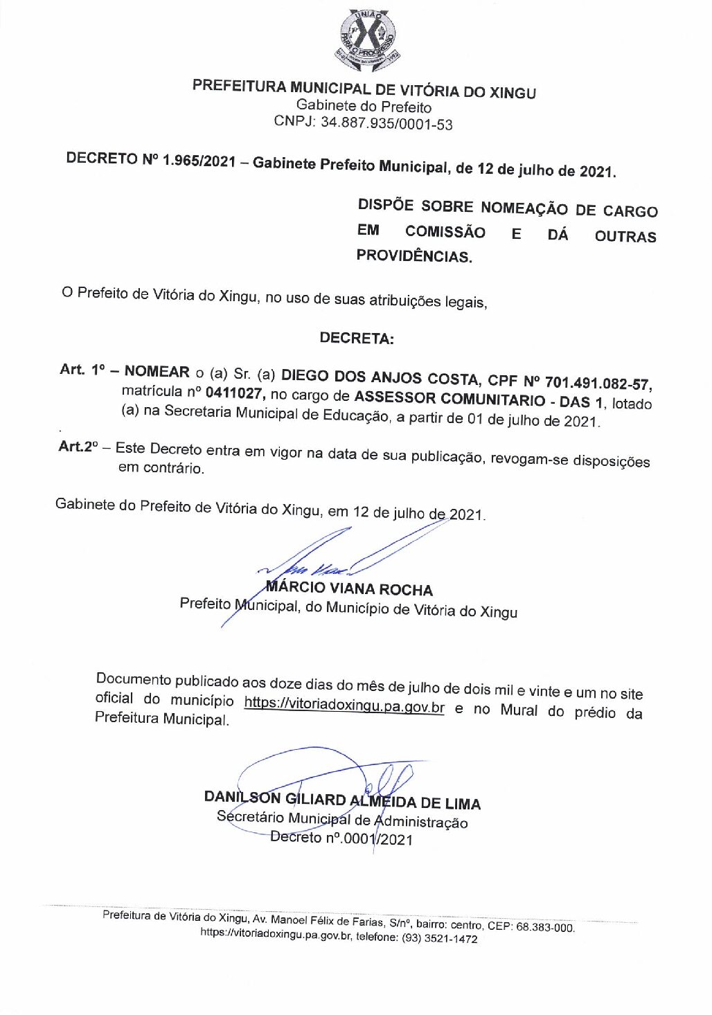 DECRETO Nº1.965-2021 - DIEGO DOS ANJOS COSTA - Prefeitura Municipal de  Vitória do Xingu